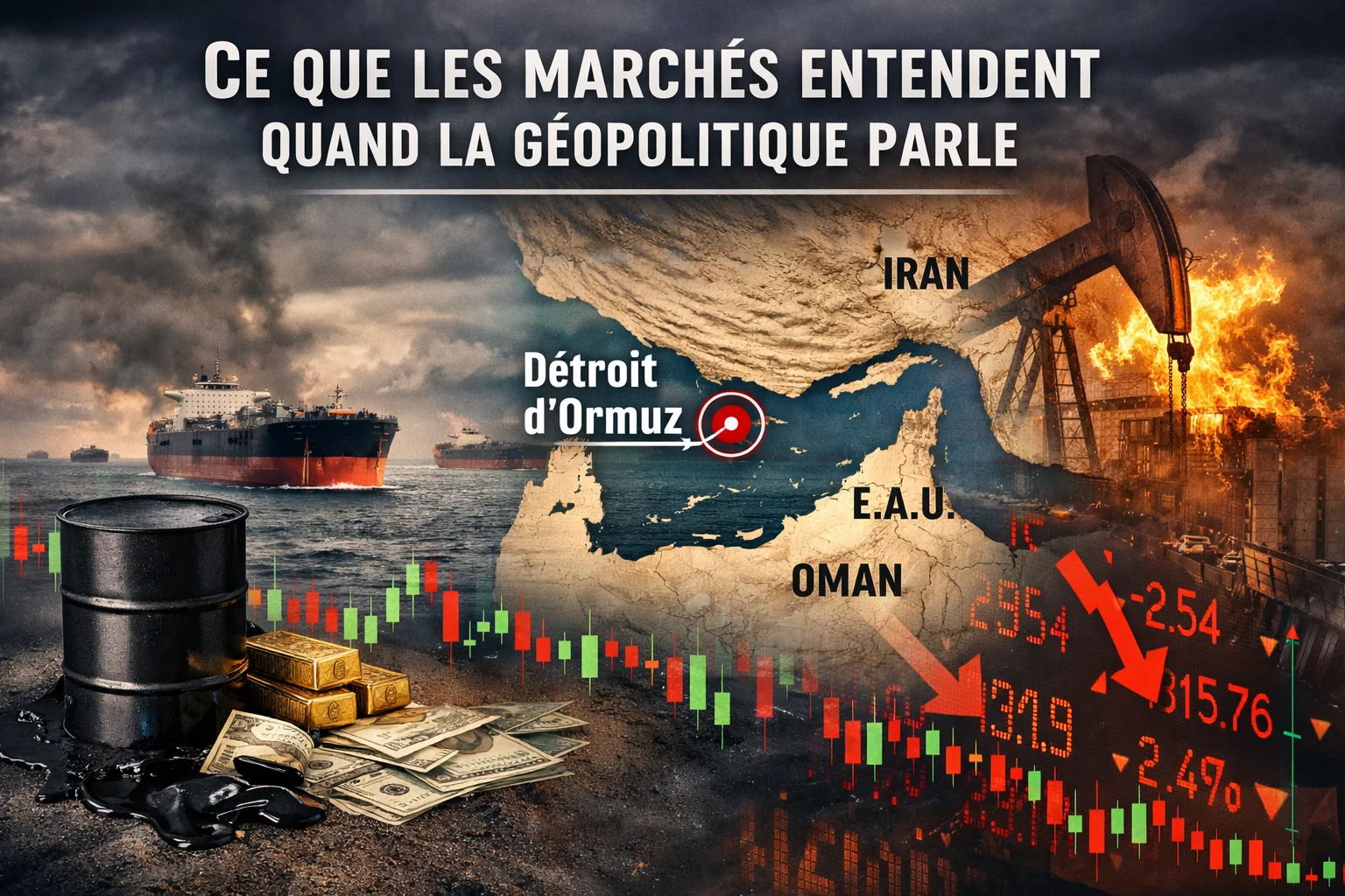 An illustration depicting the geopolitical impact on markets, featuring the Strait of Hormuz, oil barrels, currency, and stock market trends, with references to Iran, UAE, and Oman.