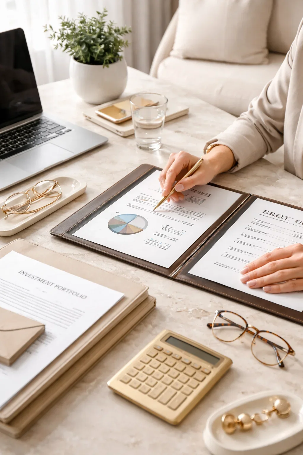 A person using a golden pen to annotate financial documents on a desk, with a laptop, glasses, calculator, and water glass in the background.